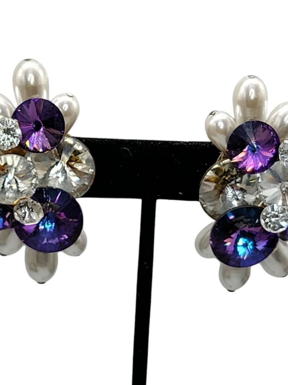 Vtg 1960s Cluster Clip On Earrings Purple Rivoli Rhinestone Faux Baroque Pearl - Picture 3 of 16